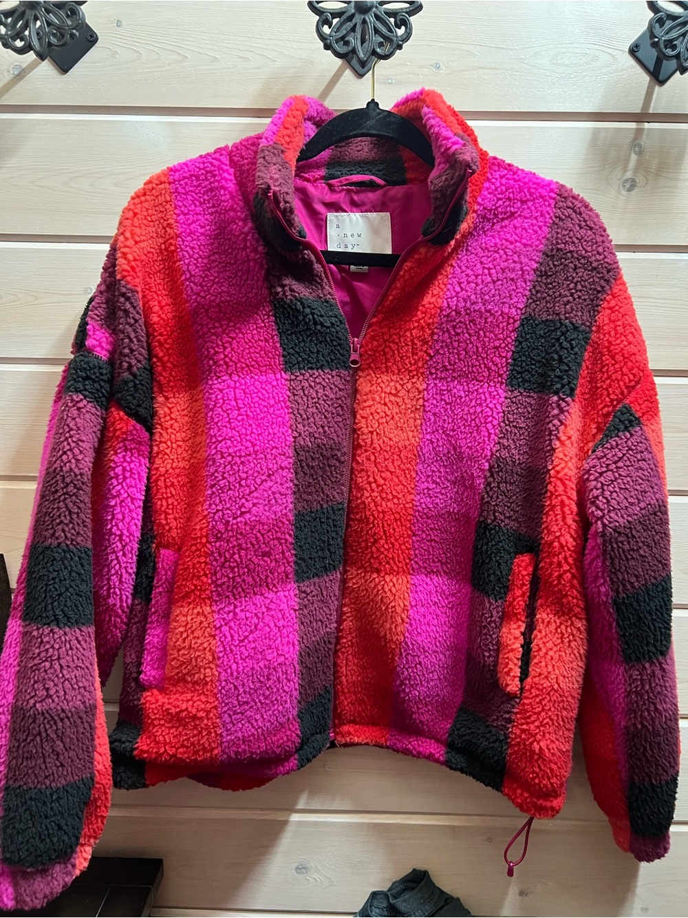 a new day Pink and Red Check Sherpa Puffer Jacket